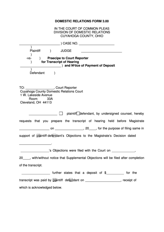 Fillable Domestic Relations Form 3 00 In The Court Of Common Pleas 