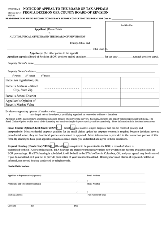 Fillable Dte Form 4 Notice Of Appeal To The Board Of Tax Appeals