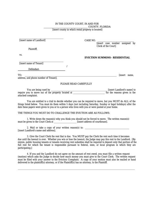 Fillable Eviction Summons Residential Florida County Court Form 