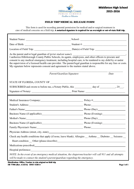 Fillable Field Trip Medical Release Form Printable Pdf Download