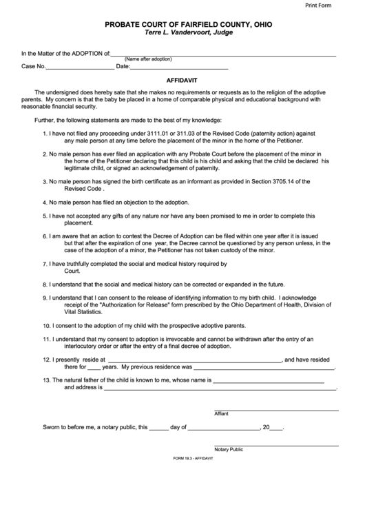 Fillable Form 19 3 Affidavit Probate Court Of Fairfield County Ohio 