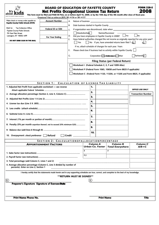 Fillable Form 228 S Net Profits Occupational License Tax Return 