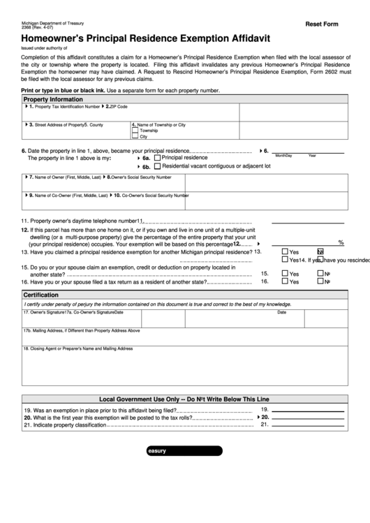 Fillable Form 2368 Homeowner S Principal Residence Exemption 