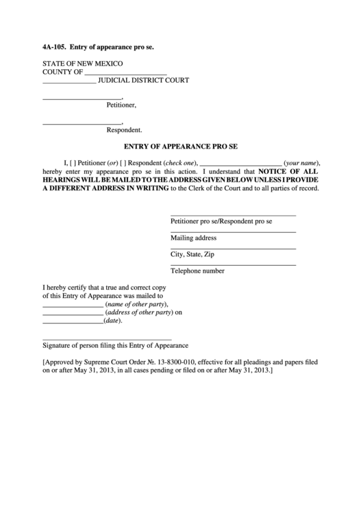 Fillable Form 4a 105 Entry Of Appearance Pro Se Printable Pdf Download