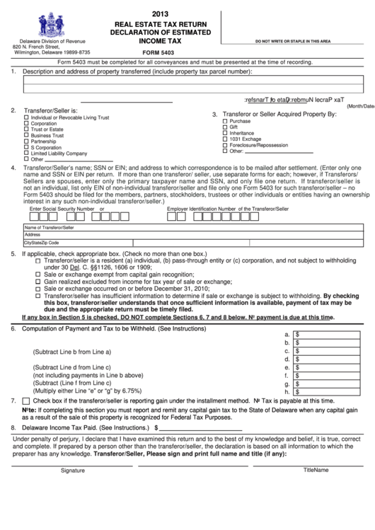 Fillable Form 5403 Real Estate Tax Return Declaration Of Estimated 