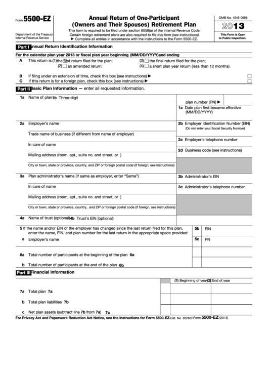 Fillable Form 5500 Ez Annual Return Of One Participant Owners And 