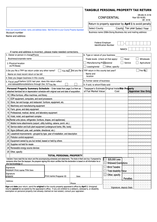 Fillable Form Dr 405 Tangible Personal Property Tax Return Printable 