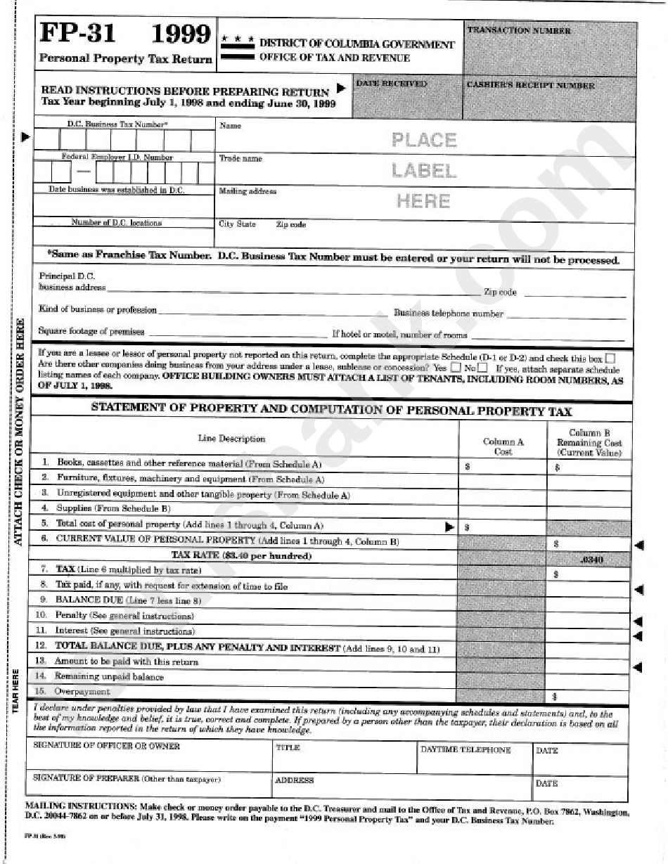 Fillable Form Fp 31 Personal Property Tax Return 1999 Printable Pdf 