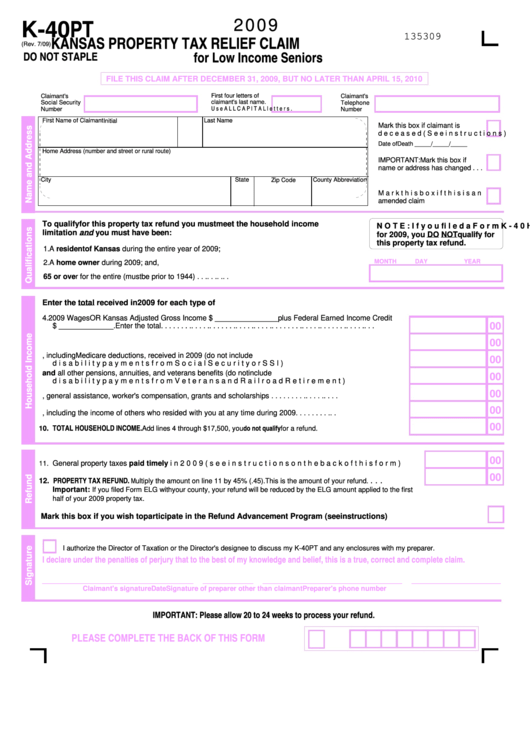 Fillable Form K 40pt Kansas Property Tax Relief Claim For Low Income 