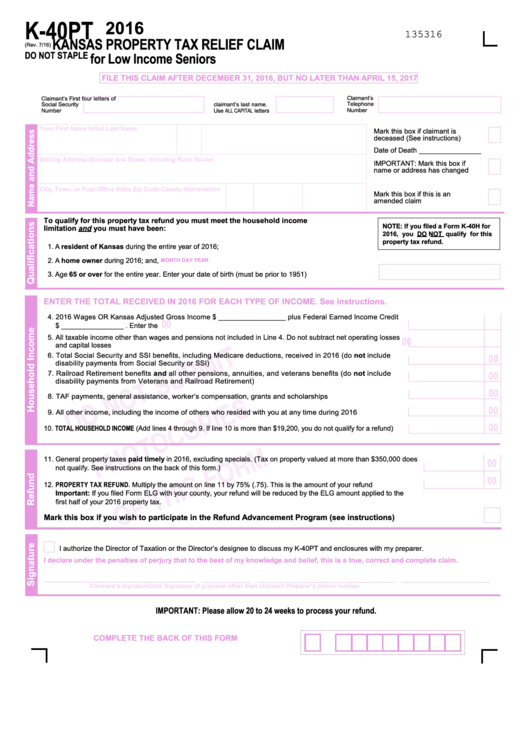 Fillable Form K 40pt Property Tax Relief Claim 2016 Printable Pdf