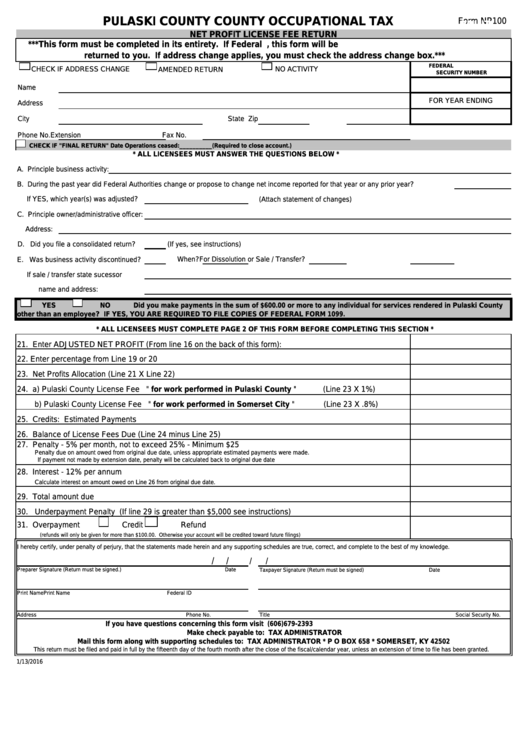 Fillable Form Np100 Pulaski County County Occupational Tax Printable