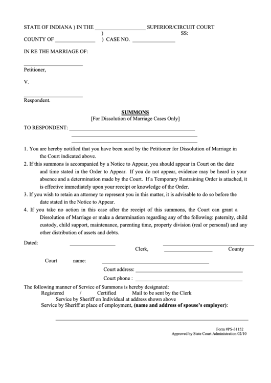 Fillable Form Ps 31152 Summons Indiana Printable Pdf Download