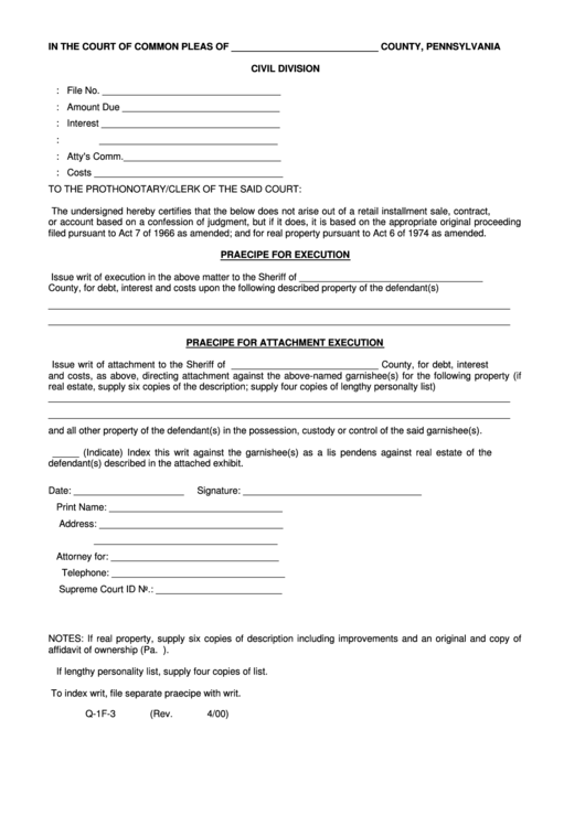 Fillable Form Q 1f 3 Praecipe For Execution Form Court Of Common 