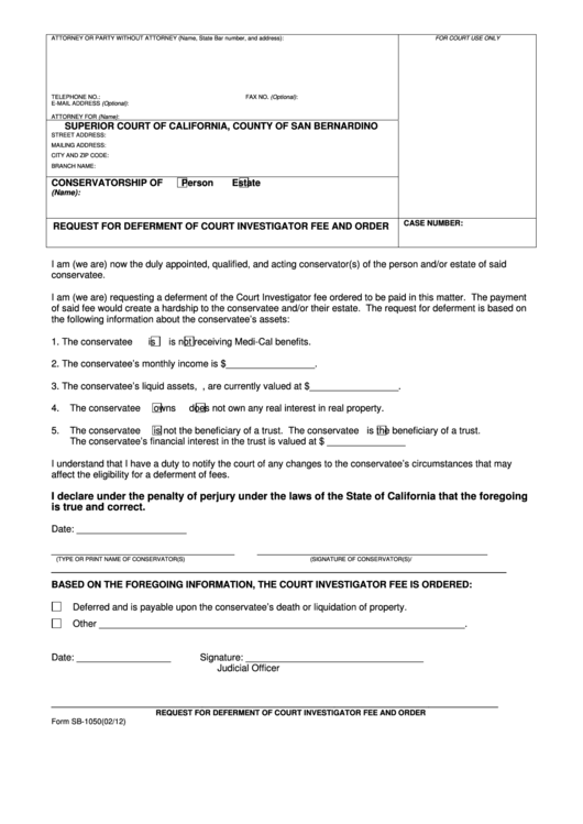 Fillable Form Sb 1050 Request For Deferment Of Court Investigator Fee