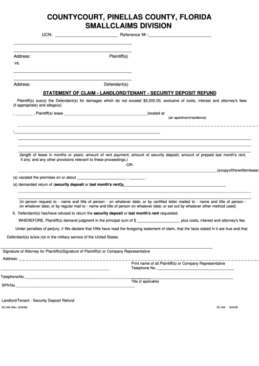 Fillable Form Sc 046 Statement Of Claim Landlord tenant Security 