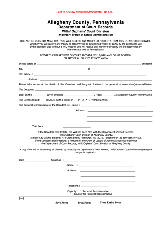 Fillable Important Notice Of Estate Administration Form Allegheny