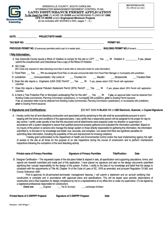 Fillable Land Disturbance Permit Application Form Greenville County 