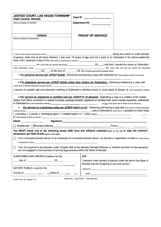 Fillable Lvjcvl Form 22 Proof Of Service Clark County Nevada 