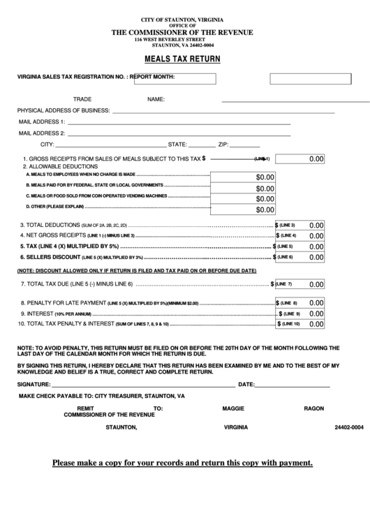 Fillable Meals Tax Return Form Printable Pdf Download