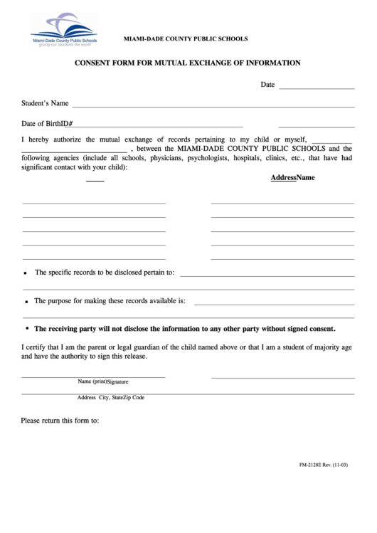 Fillable Miami Dade County Public Schools Consent Form For Mutual