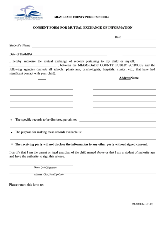 Fillable Miami Dade County Public Schools Consent Form For Mutual 