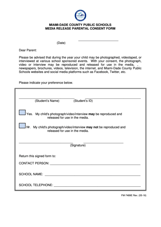 Fillable Miami Dade County Public Schools Media Release Parental 