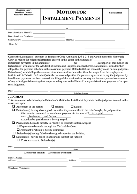 Fillable Motion For Installment Payments Chancery Court Davidson 