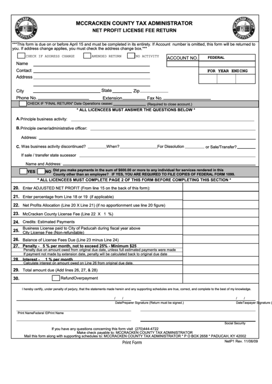 Fillable Net Profit License Fee Return Mccracken County Tax