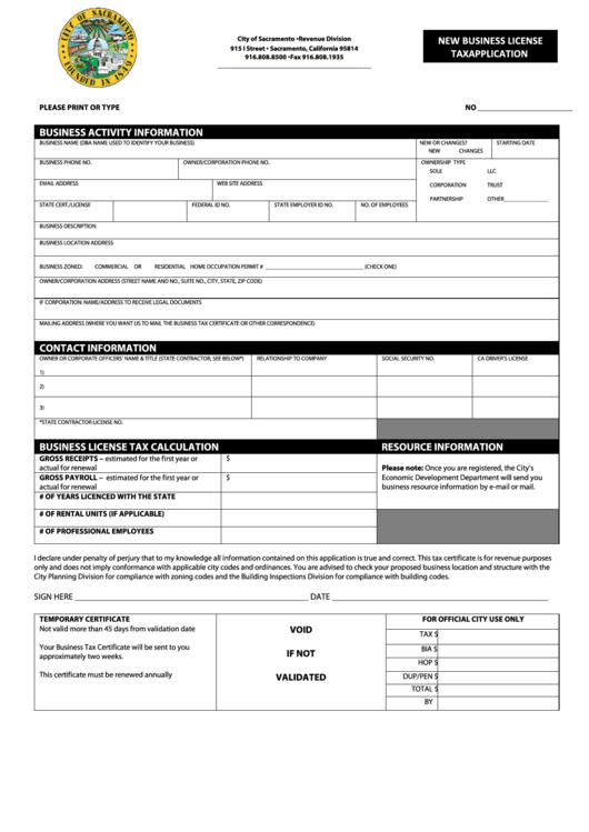 Fillable New Business License Tax Application Form City Of Sacramento 