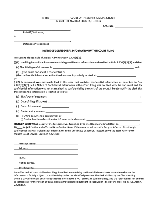 Fillable Notice Of Confidential Information Within Court Filing Form