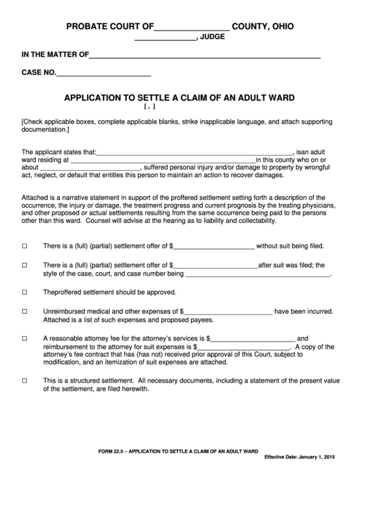 Fillable Ohio Probate Form Application To Settle A Claim Of An Adult
