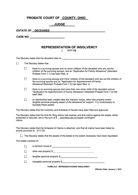 Fillable Ohio Probate Form Representation Of Insolvency Printable Pdf 