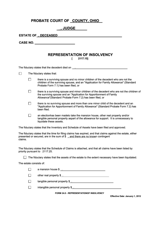 Fillable Ohio Probate Form Representation Of Insolvency Printable Pdf