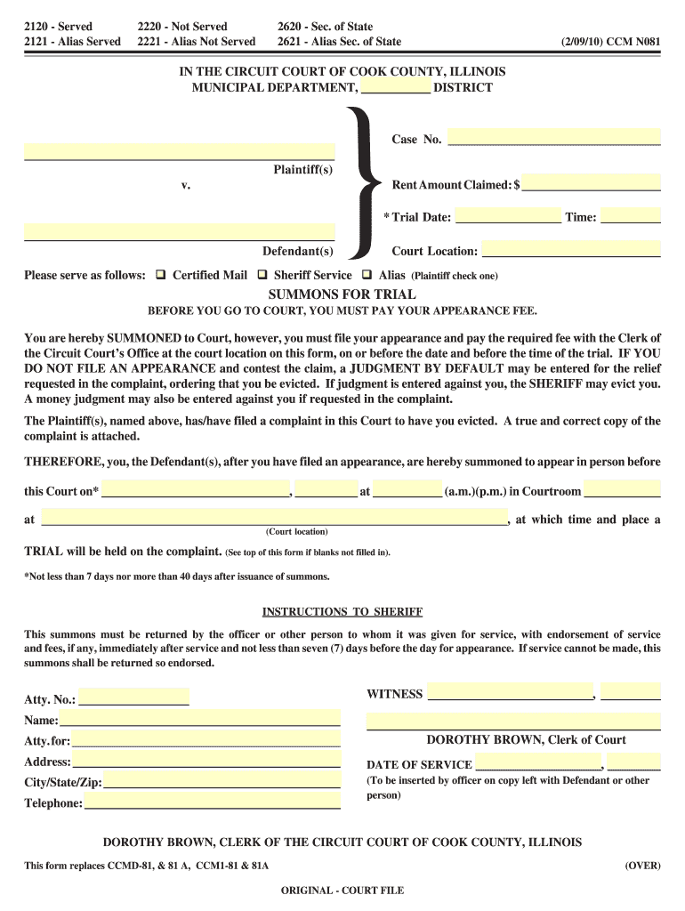 Fillable Online Cook County Municipal Summons This Form Replaces Ccmd