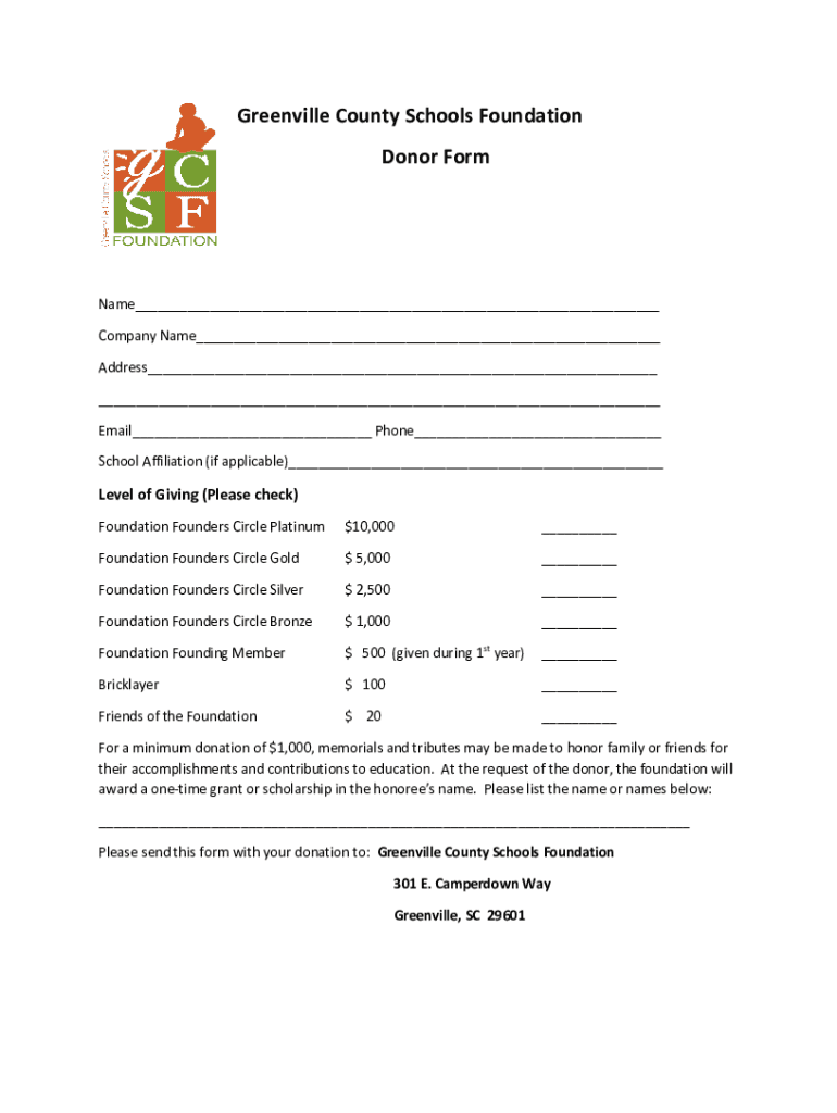 Fillable Online Greenville County Schools Foundation Donor Form Fax