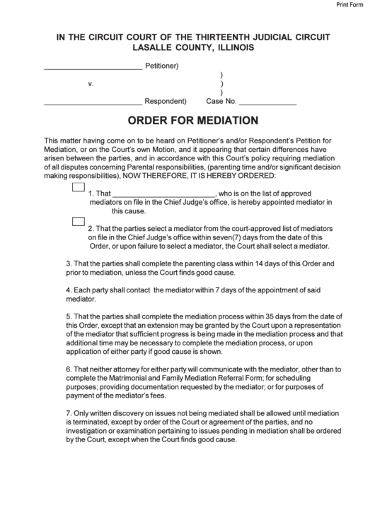 Fillable Order For Mediation Circuit Court Lasalle County Illinois 