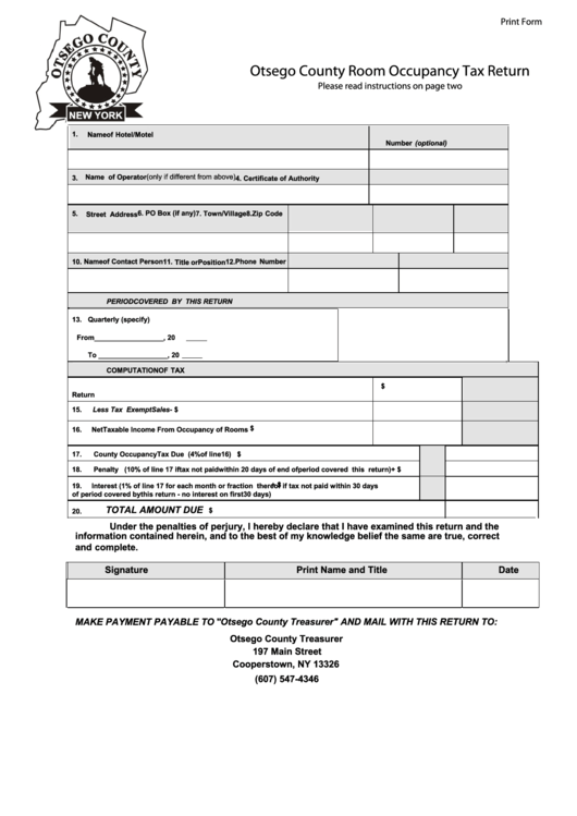 Fillable Otsego County Room Occupancy Tax Return Printable Pdf Download