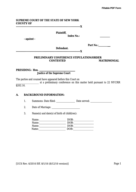 Fillable Preliminary Conference Stipulation order Contested Matrimonial 