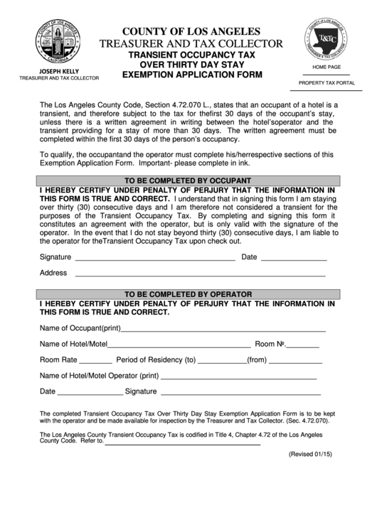 Fillable Transient Occupancy Tax Over Thirty Day Stay Exemption 