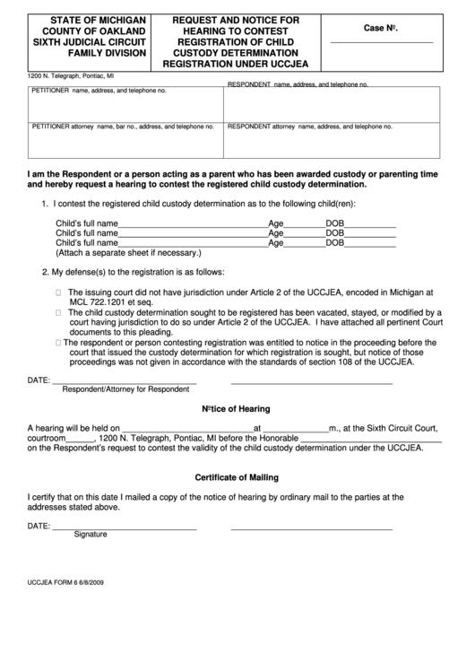 Fillable Uccjea Form 6 Request And Notice For Hearing To Contest 