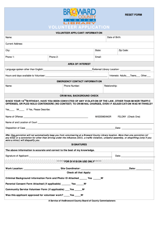 Fillable Volunteer Application Broward County Printable Pdf Download