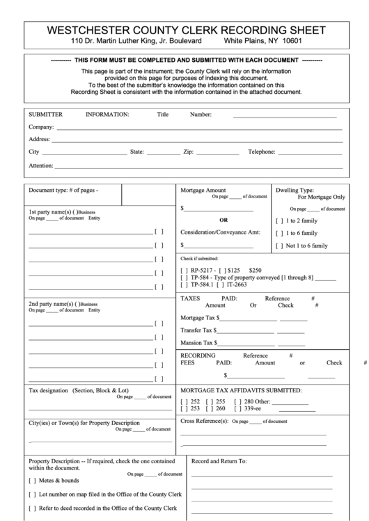 Fillable Westchester County Clerk Recording Sheet Form Printable Pdf 