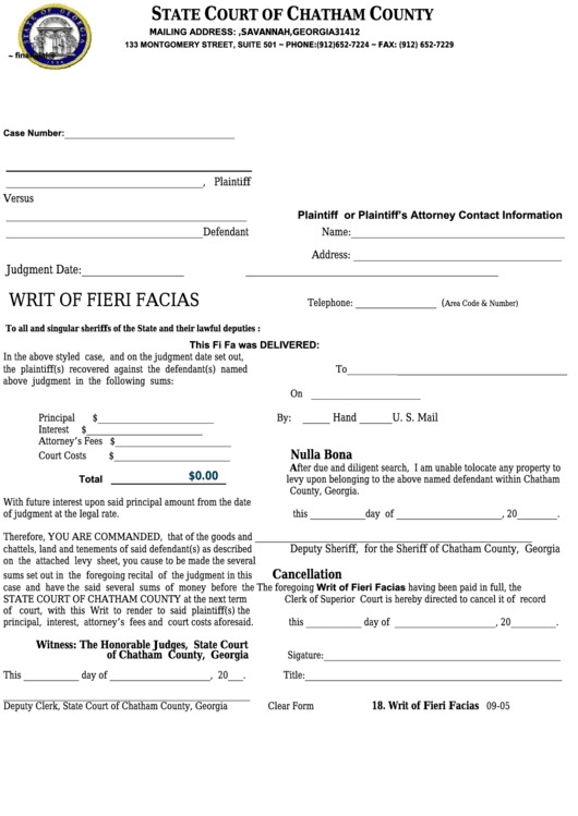 Fillable Writ Of Fieri Facias Chatham County Court Printable Pdf Download