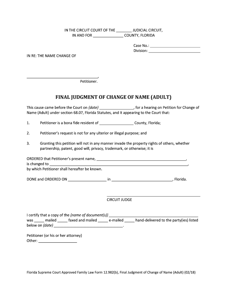 FINAL JUDGMENT Of CHANGE Of NAME FAMILY Florida Courts Form Fill Out 