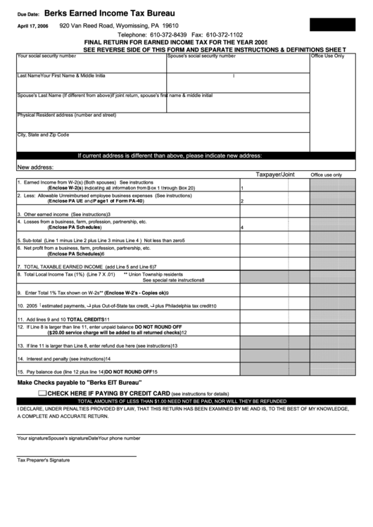 Final Return For Earned Income Tax For The Year 2005 Berks Earned