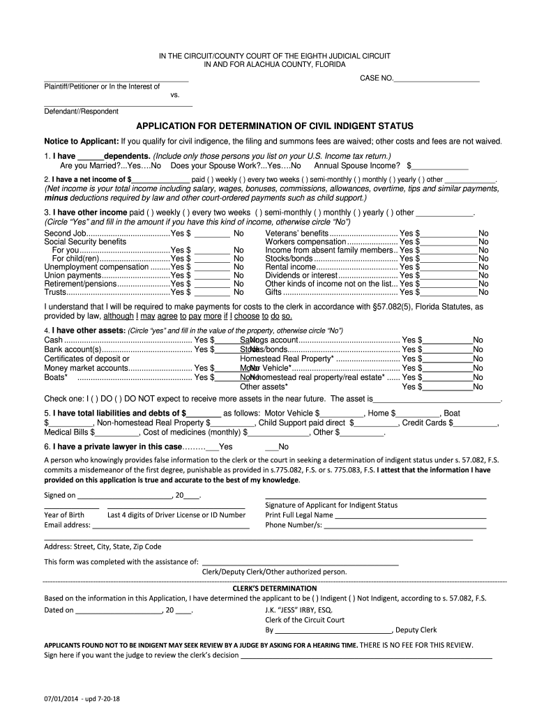 FL Application For Determination Of Civil Indigent Status Alachua 