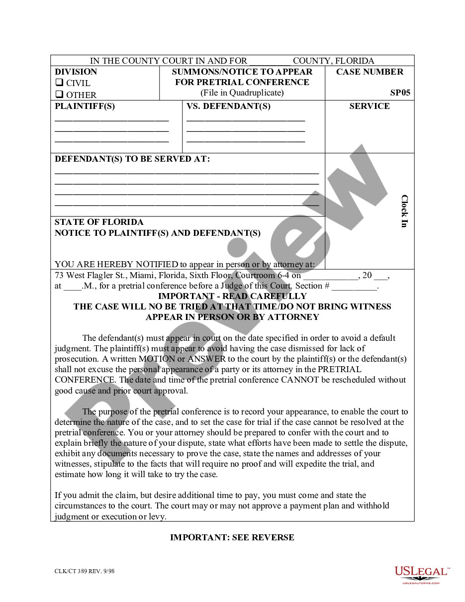 Florida Summons Notice To Appear For Pretrial Conference Broward Co 