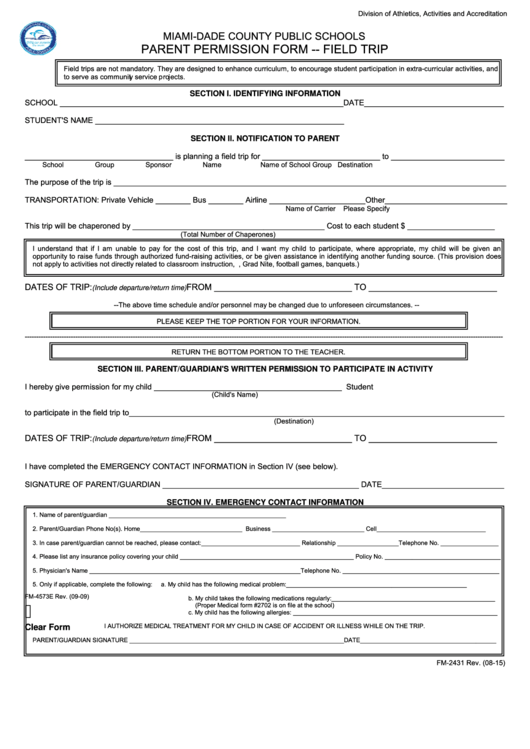 Fm 2431 Form Parent Permission Form Field Trip Miami Dade County