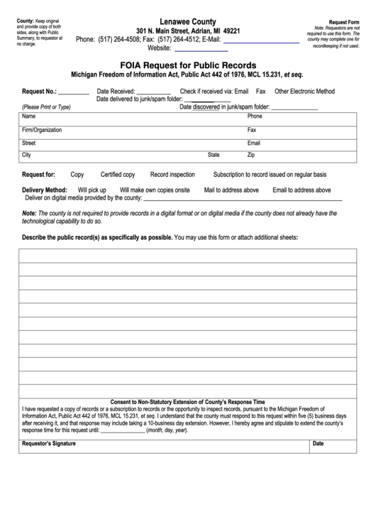 Foia Request Form Lenawee County Printable Pdf Download