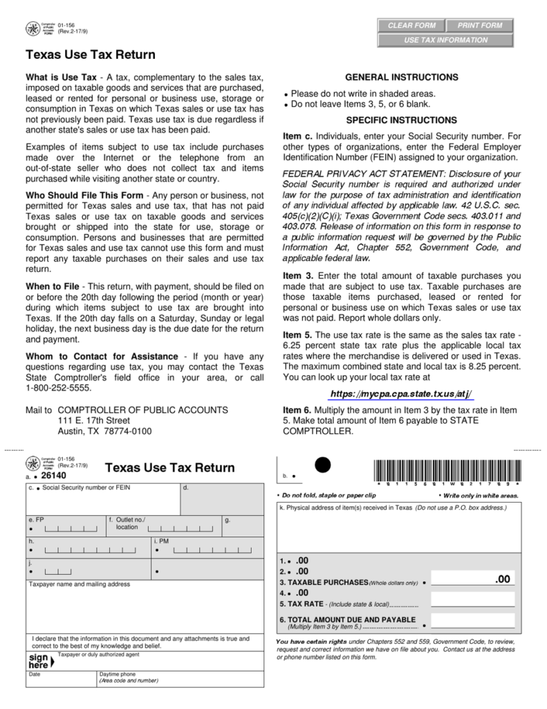 Form 01 156 Download Fillable PDF Or Fill Online Texas Use Tax Return 